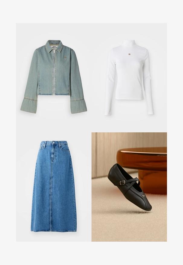 Korte denimjack in lichtblauw met een ritssluiting aan de voorkant, puntige kraag en klokmouwen. Bevat subtiele stikdetails en een geborduurd logo.; Witte turtleneck met lange mouwen, gemaakt van ribbelstof. Bevat een klein geborduurd logo in het midden. Aansluitend ontwerp zonder patronen.; Blauwe denim maxi rok met een sluiting met knopen aan de voorkant, twee zakken en een rechte vorm met een rauwe zoom. Klassiek en veelzijdig.; Zwarte Mary Jane schoen met een zijgesp en een klein metalen logo, geplaatst op een beige tapijt nabij een bruine ronde tafel.