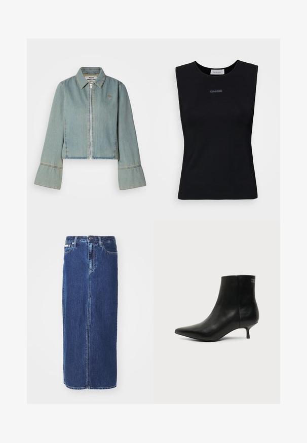 Kraftig denimjakke i lys blå med en frontlynlås, spidse kraver og klokkeærmer. Har subtile syninger og et broderet logo.; Sort ærmeløs top lavet af glat stof. Har en rund halsudskæring og et lille Calvin Klein-logo i midten. Simpelt og tætsiddende design.; Mørkeblå denimnederdel, knælang, med slidse foran, traditionel talje og fem-lommes design med kontrasterende syninger.; Sort læder ankelstøvle med spids tå og lav kitten hæl på lys baggrund, der viser yderside.