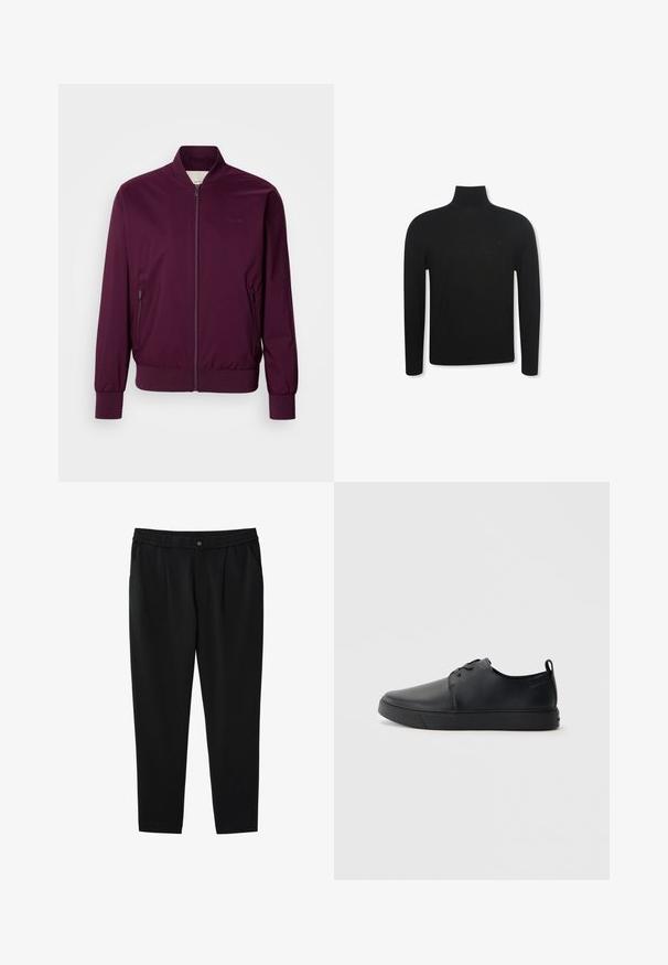 Μπορντό bomber jacket με φερμουάρ, ελαστικούς καρπούς και στρίφωμα. Διαθέτει πλευρικές τσέπες και μια διακριτική λογοτύπηση στο στήθος. Λείο υφαντό υλικό.; Μαύρο πουλόβερ με μακρύ μανίκι και ψηλό λαιμό με στενή εφαρμογή και διακριτικό λογότυπο στην αριστερή πλευρά του στήθους, εμφανίζεται σε λευκό φόντο.; Μαύρο στενό παντελόνι με ελαστική μέση, εμπρός κουμπί, πλαϊνές τσέπες και πιέτες κάτω από τη μέση.; Μαύρο δερμάτινο αθλητικό παπούτσι με λεία επιφάνεια, στρογγυλή μύτη, τονικό ράψιμο, κορδόνια μπροστά και επίπεδη καουτσούκ σόλα. Βρόχος στην πτέρνα.