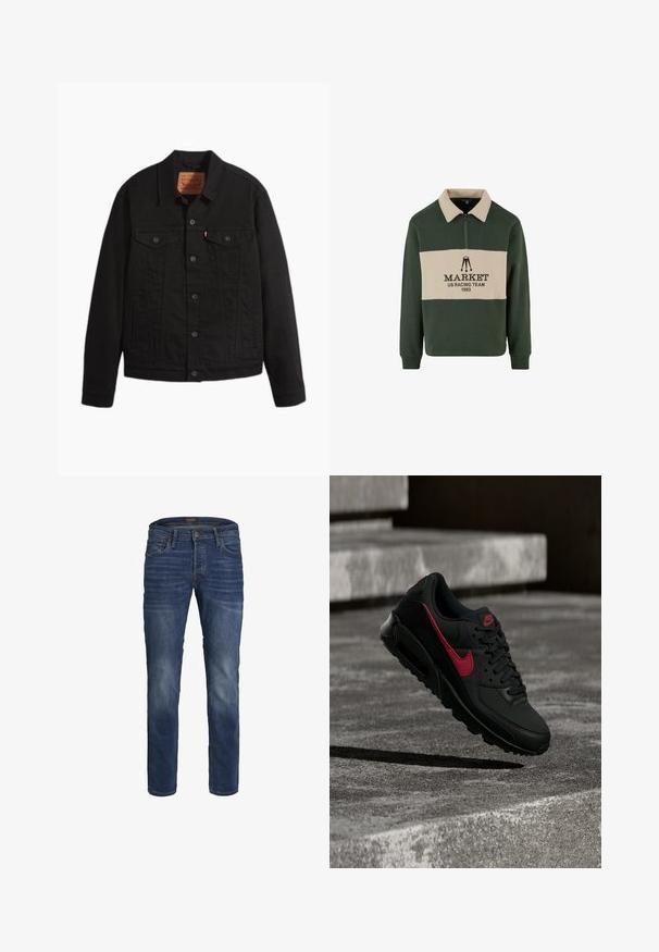 Sort denimjakke med knapper foran, to brystlommer med knapper, sidelommer, krave og lange ærmer.; Grøn og beige langærmet polo sweatshirt med lynlås krave, der har "MARKET US RACING TEAM 1993" trykt i sort på midten.; Mørkeblå slim-fit jeans med let falming, fem-lomme design, knaplukning og synlige sømme.; Sort Nike-sneaker med rød swoosh og logo, vist svævende over en betonoverflade med trin i baggrunden.