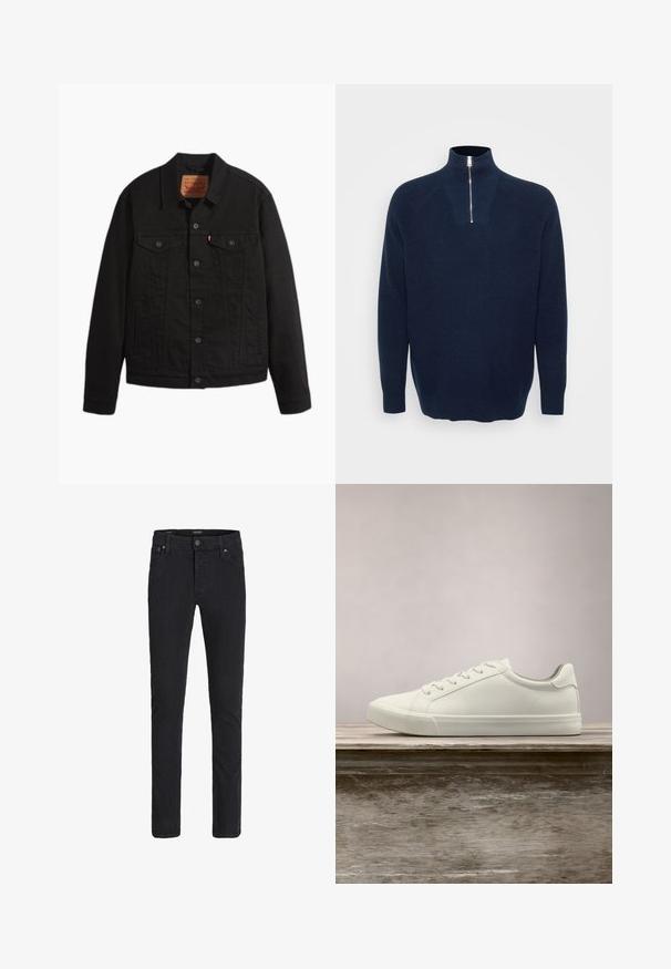 Schwarze Jeansjacke mit Knopfleiste vorne, zwei Brusttaschen mit Knöpfen, Seitentaschen, Kragen und langen Ärmeln.; Navy Zip-Kragen-Pullover aus geripptem Material. Krempelkragen und Raglanärmel. Lockerer Schnitt mit geradem Saum.; Schwarze Slim-Fit-Jeans mit Frontknopf und Reißverschluss, Fünf-Taschen-Design und Gürtelschlaufen.; Weiße Schnürsneaker, die über einer Holzbank mit grünem Laub im Hintergrund schweben und das Schuhdesign sowie die Textur zeigen.