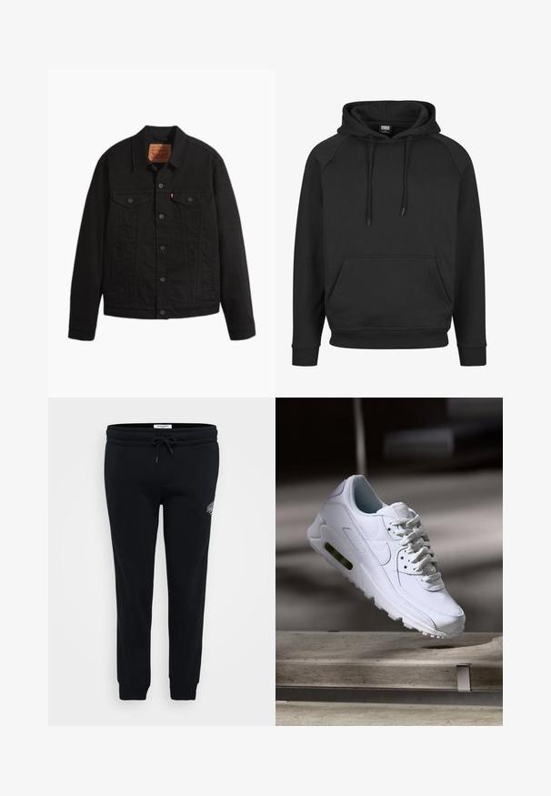 Sort denimjakke med knapper foran, to brystlommer med knapper, sidelommer, krave og lange ærmer.; Sort hættetrøje med kængurulomme, snøre i hætten og ribstrikkede ærmegab. Fremstillet af blødt stof med klassisk pasform og raglanærmer.; Sorte sweatpants lavet af blødt stof, med elastisk talje, snor, sidelommer og en lille logo detalje på hoften.; Hvide lædersneakers med teksturerede overflader, polstret krave og synlig luftpolstring i sålen. Har snørrebånd og et minimalistisk design.