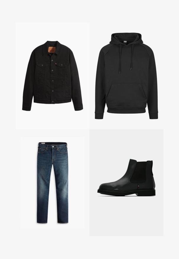 Schwarze Jeansjacke mit Knopfleiste vorne, zwei Brusttaschen mit Knöpfen, Seitentaschen, Kragen und langen Ärmeln.; Schwarzer Hoodie mit Kängurutasche, Kapuze mit Kordelzug und gerippten Bündchen. Hergestellt aus weichem Stoff mit klassischer Passform und Raglanärmeln.; Dunkelblaue Jeans mit geradem Bein, fünf Taschen und Kupferbeschlägen. Ausgebleichte Stellen an den Beinen sorgen für einen Texturkontrast.; Schwarzer Chelsea-Stiefel aus Leder mit elastischen Seitenteilen, rundem Zehenbereich und strukturierter Oberseite. Verfügt über eine flache Gummisohle und dezente Markenakzente.
