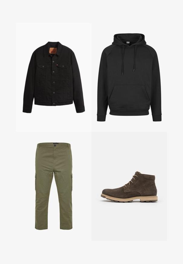 Sort denimjakke med knapper foran, to brystlommer med knapper, sidelommer, krave og lange ærmer.; Sort hættetrøje med kængurulomme, snøre i hætten og ribstrikkede ærmegab. Fremstillet af blødt stof med klassisk pasform og raglanærmer.; BadRhino STRETCH - Cargobukser - green; Brune ruskind ankelstøvler med rund tå, lysebrune såler og beige snørebånd. Har en tekstureret overdel og en let, robust sål.