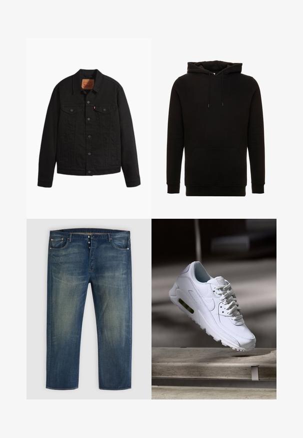 Schwarze Jeansjacke mit Knopfleiste vorne, zwei Brusttaschen mit Knöpfen, Seitentaschen, Kragen und langen Ärmeln.; Schwarzer Kapuzenpullover aus weichem Material. Mit einer Kängurutasche, verstellbaren Zugbändern sowie gerippten Bündchen und Saum. Schlichtes Design.; Blaue Denim-Jeans mit Knopfverschluss, klassischem Fünf-Taschen-Design und verblasstem Detail an Oberschenkeln und Knien.; Weiße Lederturnschuhe mit strukturierten Oberflächen, gepolstertem Kragen und sichtbarer Luftpolsterung in der Sohle. Verfügt über Schnürsenkel und ein minimalistisches Design.