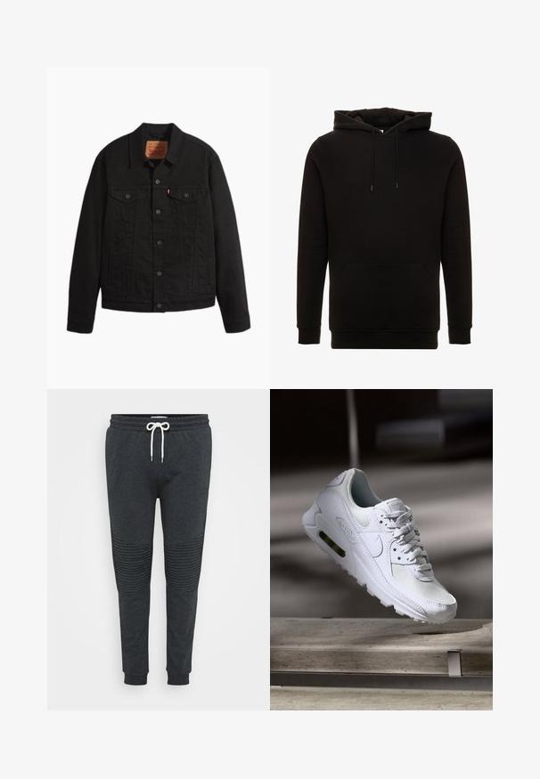 Schwarze Jeansjacke mit Knopfleiste vorne, zwei Brusttaschen mit Knöpfen, Seitentaschen, Kragen und langen Ärmeln.; Schwarzer Kapuzenpullover aus weichem Material. Mit einer Kängurutasche, verstellbaren Zugbändern sowie gerippten Bündchen und Saum. Schlichtes Design.; Dunkelgraue Jogginghose mit weißem Kordelzug, gerippten Knie-Details, elastischem Bund und Bündchen an den Knöcheln vor einem schlichten Hintergrund.; Weiße Nike Air Max 90 Sneaker mit einem Obermaterial aus Mesh und Leder, durchlässigem Zehenbereich und einer sichtbaren Air-Einheit in der Ferse.