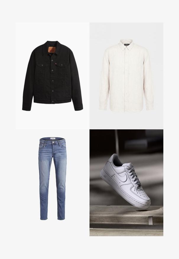 Schwarze Jeansjacke mit Knopfleiste vorne, zwei Brusttaschen mit Knöpfen, Seitentaschen, Kragen und langen Ärmeln.; Langärmliges beiges Hemd mit weißen vertikalen Streifen, durchgehendem Knopfverschluss, klassischem Kragen und geknöpften Manschetten.; Schmale blaue Jeans aus Denim, mit einer ausgeblichenen Waschung, fünf Taschen und einem Reißverschluss mit Knopfverschluss.; Weißer Nike Air Force 1 Sneaker aus Leder mit perforierter Zehenpartie, flachen Schnürsenkeln und strukturierter Gummisohle mit "AIR"-Branding an der Seite.