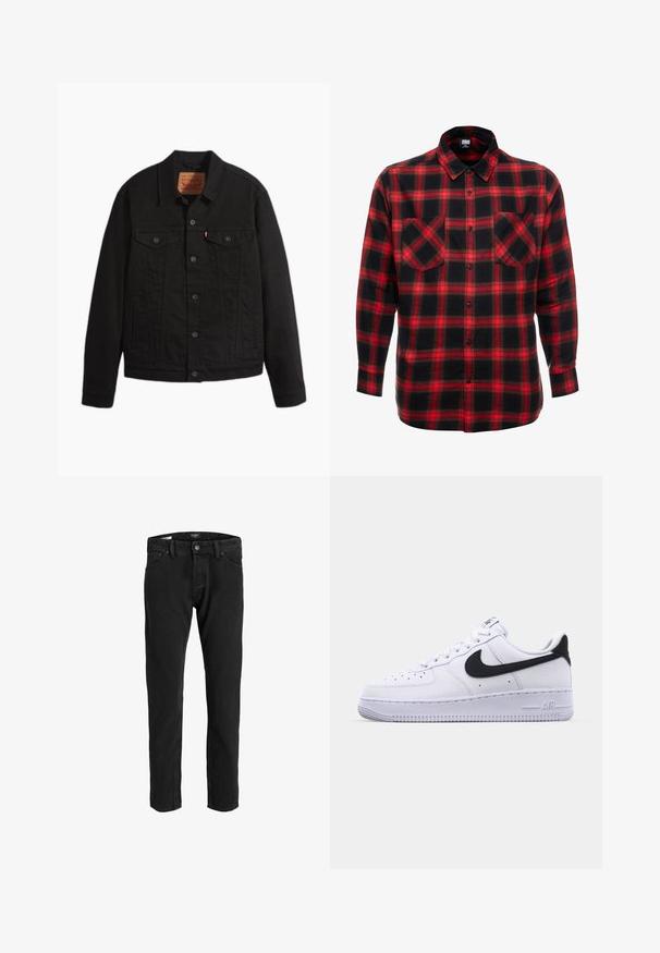 Sort denimjakke med knapper foran, to brystlommer med knapper, sidelommer, krave og lange ærmer.; Rød- og sortternet flannelskjorte med lange ærmer, to brystlommer og knaplukning foran. Blødt, tekstureret stof med et klassisk mønster.; Sorte denim jeans med lige ben-design, der har en klassisk fem-lomme struktur, metal knaplukning og en let falmet finish.; Hvide lædersneakers med en struktureret sort Swoosh, flade snørebånd og en gummisål med et rillemønster. "AIR" er præget på hælen.