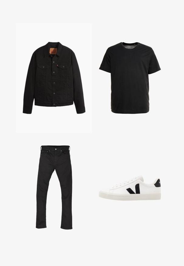 Schwarze Jeansjacke mit Knopfleiste vorne, zwei Brusttaschen mit Knöpfen, Seitentaschen, Kragen und langen Ärmeln.; Schwarzes Kurzarm-T-Shirt aus weichem Stoff, mit Rundhalsausschnitt und geradem Schnitt, ohne sichtbare Muster oder Grafiken.; Schwarze Denim-Jeans mit gerade geschnittenem Bein, fünf Taschen und einem Metallknopfverschluss. Der Stoff hat eine glatte Textur und minimale Nähdetails.; Weiße Leder-Sneaker mit schwarzen Wildlederelementen; verfügen über eine Gummisohle, eine runde Spitze und ein klassisches Schnürdesign. Seitliches Logo in Schwarz.