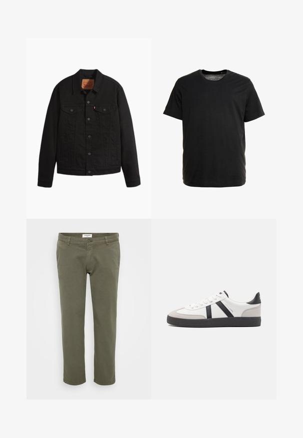 Schwarze Jeansjacke mit Knopfleiste vorne, zwei Brusttaschen mit Knöpfen, Seitentaschen, Kragen und langen Ärmeln.; Schwarzes Kurzarm-T-Shirt aus weichem Stoff, mit Rundhalsausschnitt und geradem Schnitt, ohne sichtbare Muster oder Grafiken.; Olivgrüne Chinos mit geradem Schnitt, aus Baumwolle mit leichter Textur, ausgestattet mit einem Knopfverschluss und Gürtelschlaufen.; Weiße Sneaker mit schwarz- und grau-aczenten, ausgestattet mit einer strukturierten grauen Zehenkappe, schwarzer Gummi-Sohle und flachen weißen Schnürsenkeln. Sauberes Design, minimalistische Stil.