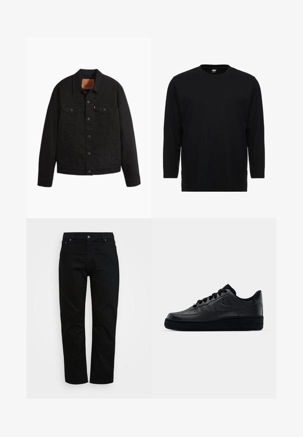Sort denimjakke med knapper foran, to brystlommer med knapper, sidelommer, krave og lange ærmer.; Sort langærmet t-shirt lavet af blødt bomuldsstof, med rund hals og standard pasform uden grafik eller mønstre.; Sorte jeans lavet af bomuld, med klassisk snit, fem-lomme design og metalknaplukning. Glat tekstur med lige ben.; Sort Nike Air Force 1 sneaker med en glat læderoverdel, perforeret tå for åndbarhed, sorte snørebånd og en textured gummisål.