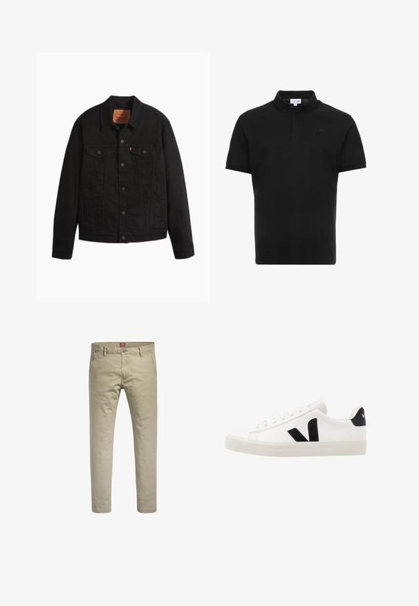 Zwarte spijkerjack met knopen aan de voorkant, twee borstzakken met knopen, zijzakken, kraag en lange mouwen.; Lacoste Poloshirt - noir; Beige chino's met een recht gesneden ontwerp, gemaakt van katoen. Voorzien van een knoopsluiting en twee zijzakken, met een subtiele textuur.; Witte leren sneaker met zwarte suède accenten; voorzien van een rubberen zool, ronde neus en een klassieke vetersluiting. Zijkant met logo in het zwart.
