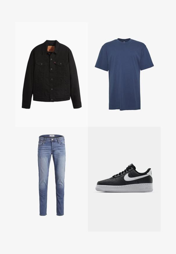 Schwarze Jeansjacke mit Knopfleiste vorne, zwei Brusttaschen mit Knöpfen, Seitentaschen, Kragen und langen Ärmeln.; Marineblaue Baumwoll-T-Shirt mit Rundhalsausschnitt und kurzen Ärmeln; einfarbig, ohne sichtbare Muster oder Verzierungen.; Schmale blaue Jeans aus Denim, mit einer ausgeblichenen Waschung, fünf Taschen und einem Reißverschluss mit Knopfverschluss.; Schwarze Ledersneaker mit strukturierten Oberflächen, weißem Nike-Swoosh, grauer Sohle, runder Zehenpartie und Schnürdesign. Verfügt über Perforationen an der Zehenbox.