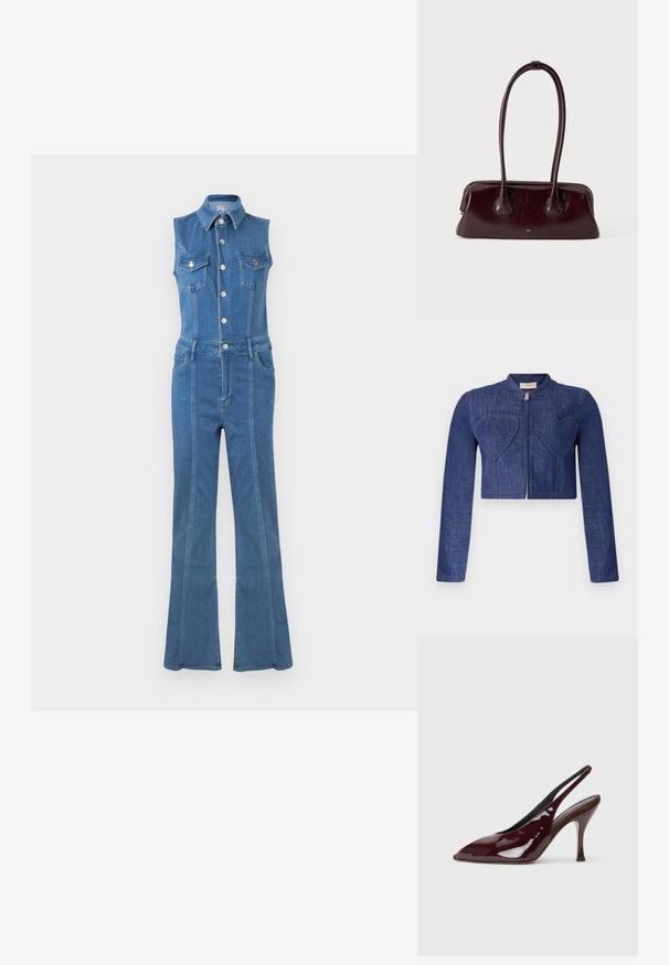 Jeans gecropped jasje in donkerblauw met lange mouwen, ritssluiting en hartvormige patches op de voorkant. Bevat zichtbare stiksels.; Mouwloze blauwe denim jumpsuit met knoopsluiting aan de voorkant, overhemdkraag, borstflappenzakken, riemlussen en wijde pijpen.; NEOUS HAMAL - Hoge hakken - dark chocolate; Donkerbruine glanzende leren handtas met lange, dunne handvatten en een gestructureerde rechthoekige bodem op een effen lichte achtergrond.