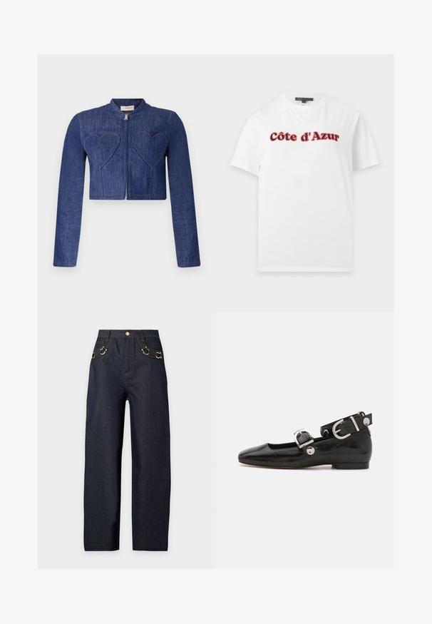 Jeans gecropped jasje in donkerblauw met lange mouwen, ritssluiting en hartvormige patches op de voorkant. Bevat zichtbare stiksels.; Witte T-shirt met korte mouwen met de tekst "Côte d'Azur" in rode en zwarte vette letters over de borst, weergegeven op een effen achtergrond.; Donkerblauwe jeans met rechte pijpen, een hoge taille, gouden stiksel, knoopsluiting en decoratieve gouden ringdetails op de voorzakken.; Zwarte gepatineerde leren platte schoen met een vierkante neus, enkelband met zilverkleurige hardware en platte zool. Gladde textuur met minimalistisch ontwerp.
