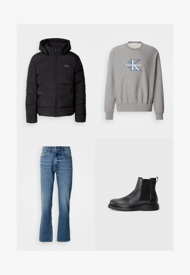 Schwarze Pufferjacke mit Reißverschluss vorne und verstellbarem Kapuze. Sie verfügt über gesteppten Einsätze, zwei Seitentaschen und ein kleines Logo auf der Brust.; Grauer Sweatshirt mit rundem Halsausschnitt, gerippten Bündchen und Saum, mit einem blauen und weißen "Calvin Klein" Logo in der Mitte. Klassische Passform.; Hellblaue Denim-Jeans mit geradem Schnitt und leicht ausgestelltem Bein. Verfügt über fünf Taschen, einen Knopfverschluss und dezente Waschungseffekte.; Schwarze Leder-Chelsea-Boots mit strukturiertem Finish, elastischen seitlichen Einsätzen und einer robusten Gummisohle. Dezentes Branding an der Ferse.