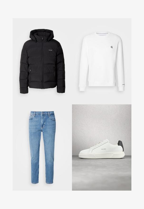 Zwarte pufferjas met een ritssluiting aan de voorkant en een verstelbare capuchon. Bevat gequiltte panelen, twee zijzakken en een klein logo op de borst.; Witte crewneck sweatshirt van zachte stof, met een klein zwart "CK" logo op de linkerborst en geribbelde boorden en zoom.; Lichtblauwe denim jeans met een rechte pasvorm, vijf zakken en subtiele vervaging. Voorzien van een knoopsluiting en riemlussen.; Witte sneakers met een bovenwerk van glad leer, platte veters en een verhoogde witte zool. Heeft een zwart accent bij de hiel en een geprofileerd logo.