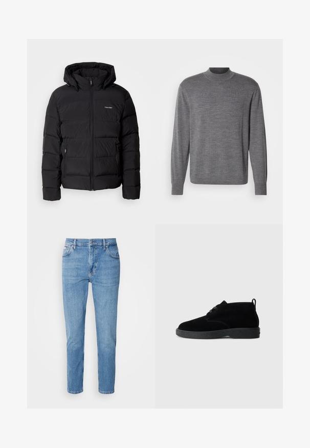 Sort puffet jakke med lynlås foran og justerbar hætte. Har quiltede paneler, to sidelommer og et lille logo på brystet.; Grå langærmet sweater lavet af strikket materiale, med en høj hals og et subtilt logo på brystet. Glat tekstur og tætsiddende design.; Lys blå denim jeans med lige snit, fem-lomme design og subtilt slid. Har knaplukning og bæltestropper.; Sorte ruskindsankelstøvler med rund tå, snørebåndsdesign, sort gummisål og en sløjfe bag på for nem påtagning.