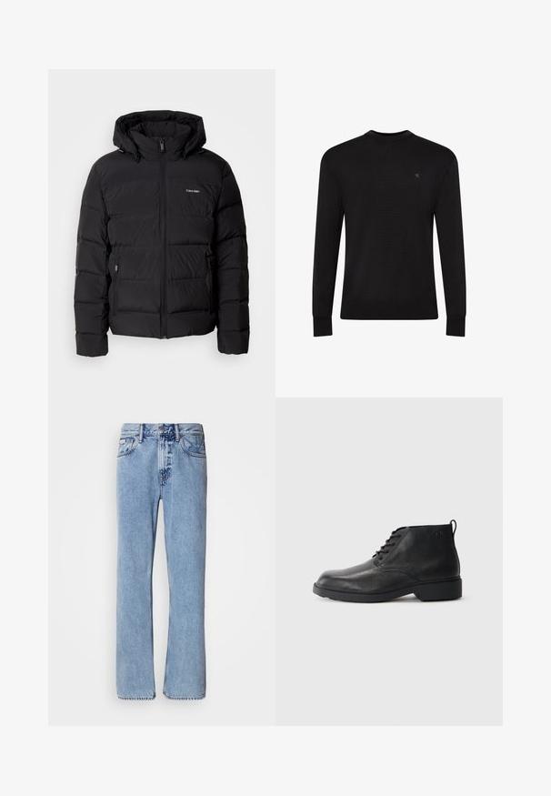 Schwarze Pufferjacke mit Reißverschluss vorne und verstellbarem Kapuze. Sie verfügt über gesteppten Einsätze, zwei Seitentaschen und ein kleines Logo auf der Brust.; Schwarzer Pullover mit Rundhalsausschnitt und langen Ärmeln, kleinem, dezentem Logo auf der oberen linken Brustseite sowie gerippten Bündchen und Saum.; Hellblaue Jeans aus Denim mit geradem Bein, fünf Taschen und Knopfverschluss. Nähte in der Nähe der Taschen und des Bundes.; Schwarze Lederstiefel mit strukturierter Oberfläche, runder Zehenpartie, Schnürung vorne und einer robusten Gummisohle. Verfügt über eine kleine Zuglasche an der Rückseite.