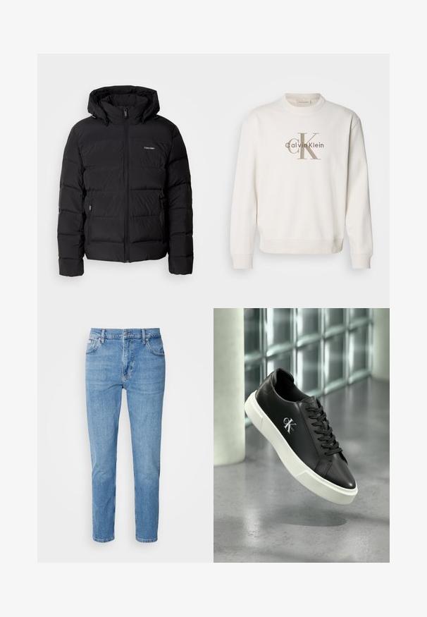 Chaqueta de plumón negra con cremallera frontal y capucha ajustable. Presenta paneles acolchados, dos bolsillos laterales y un pequeño logo en el pecho.; Sudadera blanca de cuello redondo hecha de un tejido suave, con un gran logo beige de Calvin Klein en la parte frontal, y puños y dobladillo acanalados.; Vaqueros de mezclilla azul claro con corte recto, diseño de cinco bolsillos y un sutil desgastado. Presentan un cierre de botón y pasadores para cinturón.; Zapatilla deportiva de cuero negro con suela de goma blanca y el logo "CK Calvin Klein" en el lateral, mostrada sobre un fondo de vidrio con azulejos.