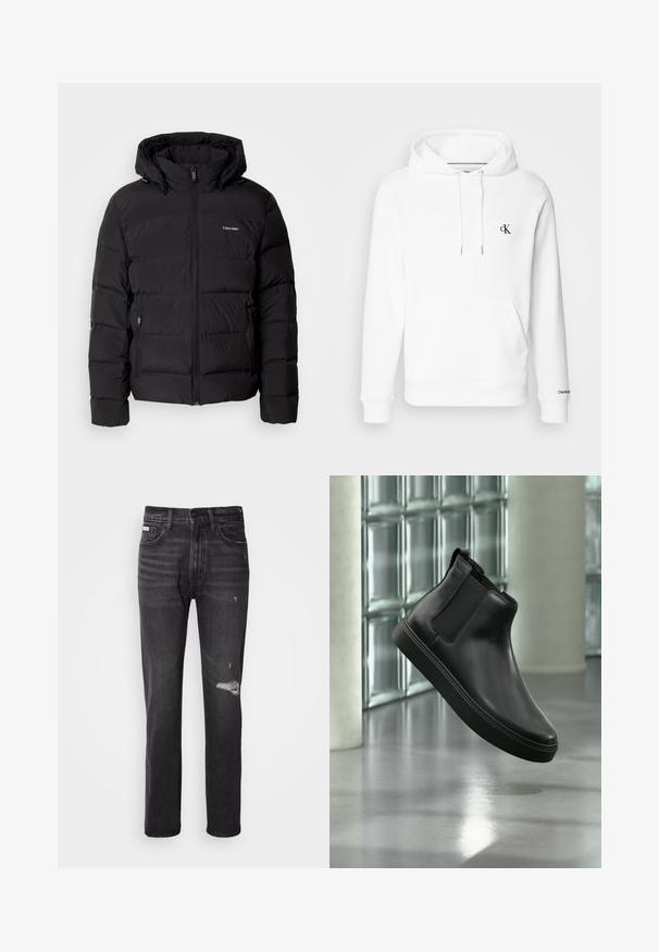 Sort puffet jakke med lynlås foran og justerbar hætte. Har quiltede paneler, to sidelommer og et lille logo på brystet.; Hvid bomulds hoodie med snøre i hætten, frontlomme og sort broderet cK-logo på brystet. Ribbet manchetter og bund.; Sorte denim jeans med lige ben-design, distressed detaljer ved knæene, fem-lommestil og en diskret falmet finish.; Sort læder ankelstøvle med elastiske sidepaneler, der svæver over en poleret beton gulv og glasblokke i baggrunden.