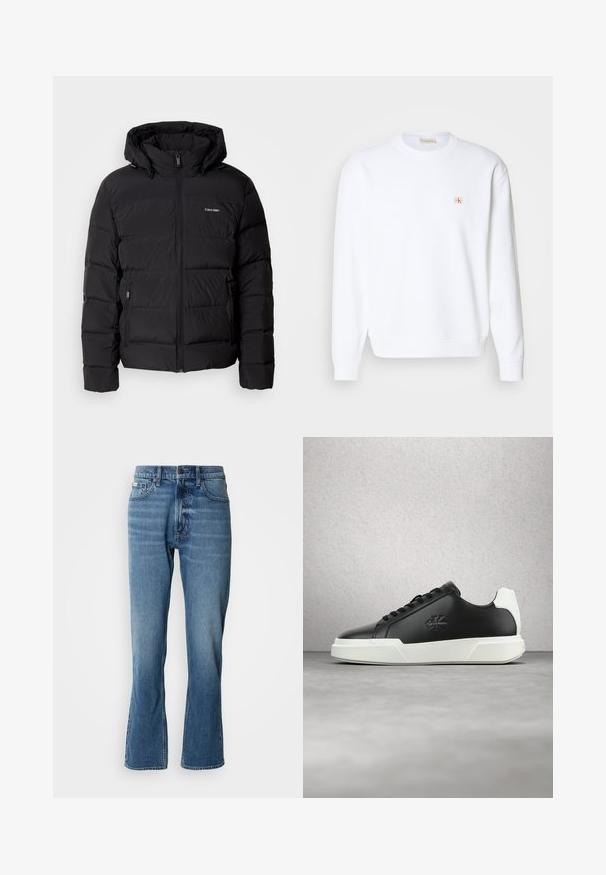 Schwarze Pufferjacke mit Reißverschluss vorne und verstellbarem Kapuze. Sie verfügt über gesteppten Einsätze, zwei Seitentaschen und ein kleines Logo auf der Brust.; Weißes Sweatshirt mit langen Ärmeln, Rundhalsausschnitt und gerippten Bündchen. Verfügt über ein kleines Logo in Rot und Beige im Bereich der linken Brust. Glatte Textur.; Hellblaue Denim-Jeans mit geradem Schnitt und leicht ausgestelltem Bein. Verfügt über fünf Taschen, einen Knopfverschluss und dezente Waschungseffekte.; Schwarzer Ledersneaker mit rundem Zehenbereich, weißer Gummisohle und schwarzen Schnürsenkeln. Mit einem Logo an der Seite und einem kontrastierenden weißen Fersenakzent.