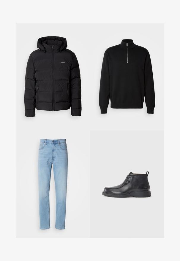Sort puffet jakke med lynlås foran og justerbar hætte. Har quiltede paneler, to sidelommer og et lille logo på brystet.; Sort zip-krave sweater lavet af glat stof med høj krave og lange ærmer, med et diskret logo på brystet.; Lys blå denim jeans med lige pasform, fem lommer og bæltestropper. Stoffet har en glat overflade med en let falmningseffekt.; Sorte læder ankelstøvler med rund tå, snørelukning og en løkke bagpå. Tekstureret overdel og gummisål.