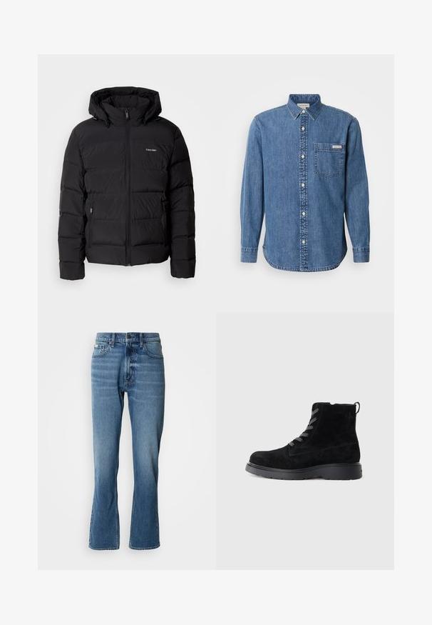 Zwarte pufferjas met een ritssluiting aan de voorkant en een verstelbare capuchon. Bevat gequiltte panelen, twee zijzakken en een klein logo op de borst.; Denim overhemd in medium blauw met een button-down kraag, lange mouwen, een borstzak en witte knopen. Heeft een licht afgeronde zoom.; Lichtblauwe denim jeans met een rechte snit en een lichte flare. Beschikt over vijf zakken, een knoopsluiting en subtiele wassingdetails.; Zwarte suède enkellaarsjes met een gestructureerde oppervlakte, ronde neus, grijze veters en een stevige zwarte zool. Voorzien van een klein lusje achteraan.