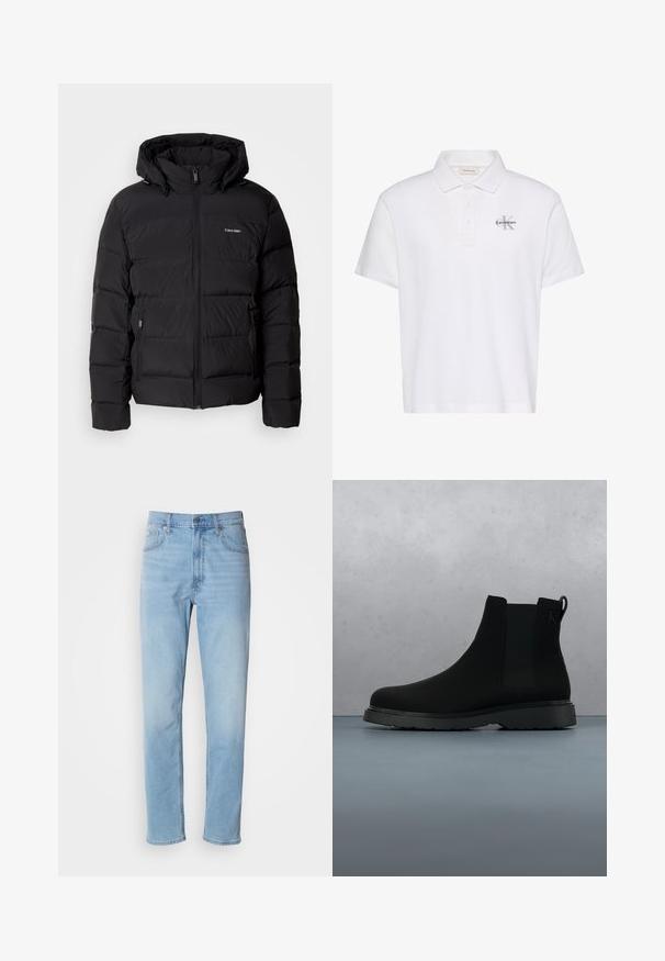 Veste doudoune noire avec fermeture éclair à l'avant et capuche ajustable. Présente des panneaux matelassés, deux poches latérales et un petit logo sur la poitrine.; Polo blanc à manches courtes avec col, patte de boutonnage à trois boutons et petit logo gris Calvin Klein sur la poitrine gauche.; Jean en denim bleu clair avec une coupe droite, cinq poches et passants de ceinture. Le tissu présente une texture lisse avec un léger effet dégradé.; Bottine noire en matériau lisse avec des coutures subtiles, une semelle en caoutchouc et un design épuré, positionnée au-dessus d'une surface à texture bois.