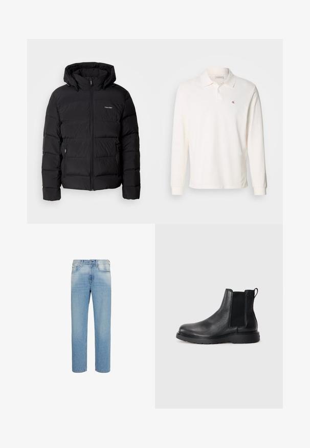 Schwarze Pufferjacke mit Reißverschluss vorne und verstellbarem Kapuze. Sie verfügt über gesteppten Einsätze, zwei Seitentaschen und ein kleines Logo auf der Brust.; Langärmliges, cremefarbenes Poloshirt aus Baumwolle mit einem rot bestickten Logo auf der linken Brust und einem klassischen Kragen.; Hellblaue Jeans mit geradem Bein, Vordertaschen, Gürtelschlaufen und Knopfleiste, vor weißem Hintergrund präsentiert.; Schwarze Leder-Chelsea-Boots mit strukturiertem Finish, elastischen seitlichen Einsätzen und einer robusten Gummisohle. Dezentes Branding an der Ferse.