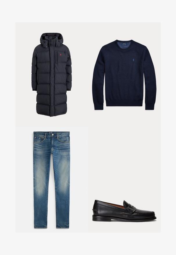 Abrigo de invierno largo negro acolchado con capucha, bolsillos frontales, bolsillo vertical con cremallera en el pecho y pequeño logo rojo en el pecho izquierdo.; Jersey azul marino de manga larga con cuello redondo, tejido texturizado y pequeño logo bordado de Polo Ralph Lauren en el pecho izquierdo.; Vaqueros ajustados azul deslavado con cierre de botón y cremallera, bolsillos delanteros y un pequeño bolsillo para monedas, mostrados planos sobre fondo blanco.; Mocasín negro de cuero con tacón bajo y detalle de correa para moneda, mostrado de lado sobre un fondo gris claro.
