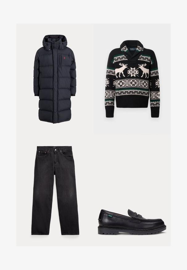 Langer schwarzer, wattierter Wintermantel mit Kapuze, Fronttaschen, vertikalem Reißverschluss an der Brusttasche und kleinem rotem Logo auf der linken Brust.; Schwarzer Strickpullover mit weißen und grünen nordischen Mustern, der zwei weiße Rentiere und geometrische Schneeflockendesigns auf der Brust und den Ärmeln zeigt.; Schwarze Jeans mit geradem Bein, fünf Taschen, Knopfverschluss und sichtbaren Metallnieten an den vorderen Taschen.; Schwarzer Lederloafer mit dicker Profilsohle und kleinem grünen "Polo"-Etikett an der Außenseite nahe der Ferse.