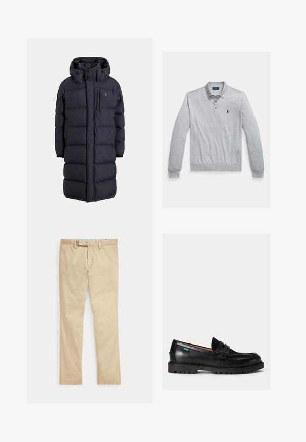 Abrigo de invierno largo negro acolchado con capucha, bolsillos frontales, bolsillo vertical con cremallera en el pecho y pequeño logo rojo en el pecho izquierdo.; Polo gris de manga larga hecho de algodón, con tapeta de tres botones, puños acanalados y un pequeño logo azul marino en el pecho izquierdo.; Pantalones beige de corte recto con trabillas para cinturón y cremallera frontal, colocados planos sobre un fondo blanco.; Mocasín de cuero negro con suela gruesa, puntera redondeada y etiqueta verde con el logo Polo en el lateral.
