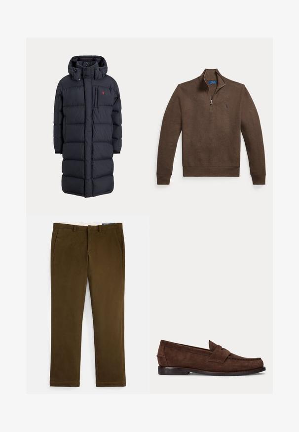 Langer schwarzer, wattierter Wintermantel mit Kapuze, Fronttaschen, vertikalem Reißverschluss an der Brusttasche und kleinem rotem Logo auf der linken Brust.; Brauner Langarm-Halbzip-Pullover mit gerippten Bündchen und Saum, Polo Ralph Lauren-Label innen am Kragen und kleinem besticktem Logo auf der Brust.; Braune Baumwoll-Chinos mit glattem Finish, flacher Vorderseite, Seitentaschen und geraden Beinen. Mit einem dezenten Stichausführungsdetail entlang der Säume.; Brauner Wildleder-Pennyloafer mit niedrigem Absatz und sichtbarer Naht an Zehen-, Seiten- und Rückbereich, dargestellt auf hellem, einfarbigem Hintergrund.