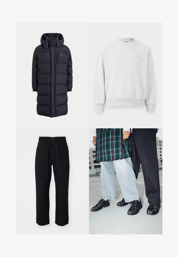Lange zwarte gewatteerde winterjas met capuchon, voorzakken, verticale ritssluiting op de borstzak en een klein rood logo op de linkerborst.; Grijze sweatshirt met een ronde hals, geribbelde mouwen en zoom. Gemaakt van een zachte stof, met een klein logo op de borst.; Zwarte denim jeans met een rechte snit, lichte textuur, vijf zakken en een knoopsluiting in de taille.; Zwarte sportieve schoenen met mesh- en rubberaccenten. Draagt een lichtgrijze wijde spijkerbroek en een groen geruit shirt. Effen achtergrond.