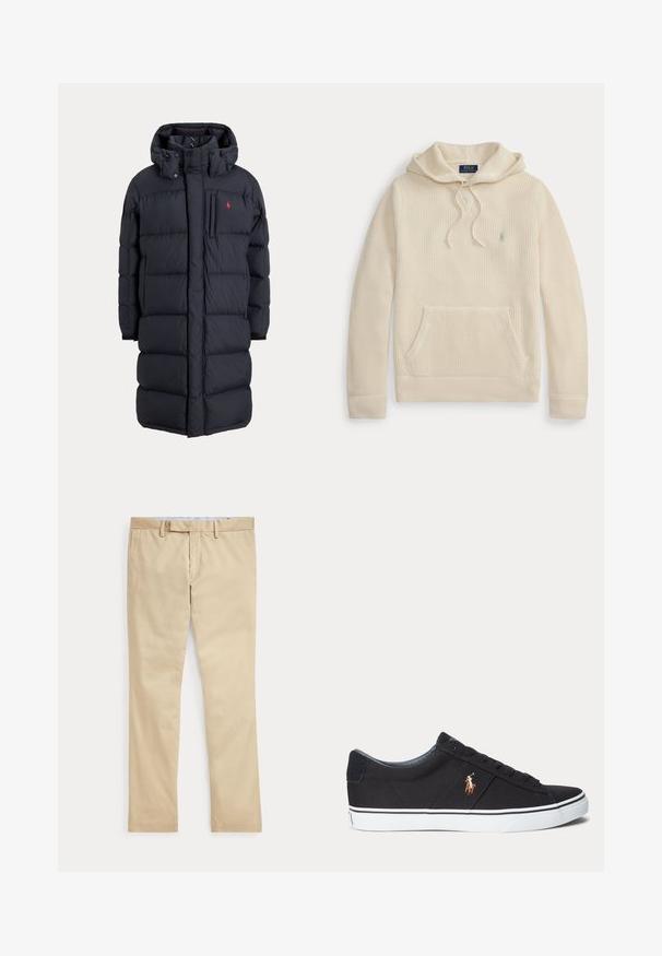 Lange zwarte gewatteerde winterjas met capuchon, voorzakken, verticale ritssluiting op de borstzak en een klein rood logo op de linkerborst.; Gebreide hoodie in crèmekleur met voorzak, capuchon met trekkoord, geribbelde manchetten en zoom, en een klein geborduurd logo op de borst.; Beige broek met rechte pijpen, ceintuurlussen en een voorrits, plat gelegd tegen een witte achtergrond.; Zwarte lage sneaker met witte zool en gestikt polo-speler logo aan de zijkant, met veterluiting en textuurstof bovenwerk.