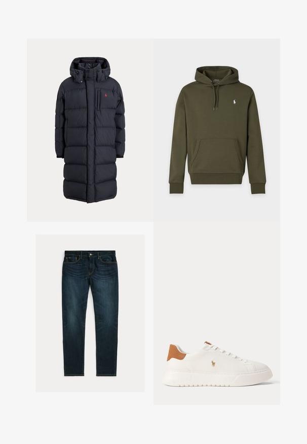 Abrigo de invierno largo negro acolchado con capucha, bolsillos frontales, bolsillo vertical con cremallera en el pecho y pequeño logo rojo en el pecho izquierdo.; Sudadera con capucha de color verde oscuro con bolsillo frontal y pequeño logo blanco de Polo Ralph Lauren en el pecho izquierdo.; Vaqueros ajustados de color azul oscuro con ligero desgaste y diseño de cinco bolsillos, colocados planos sobre un fondo blanco.; Zapatilla blanca de caña baja con lengüeta trasera en color marrón claro, cordones blancos y un pequeño logo bordado de jugador de polo en el lateral sobre una suela gruesa.
