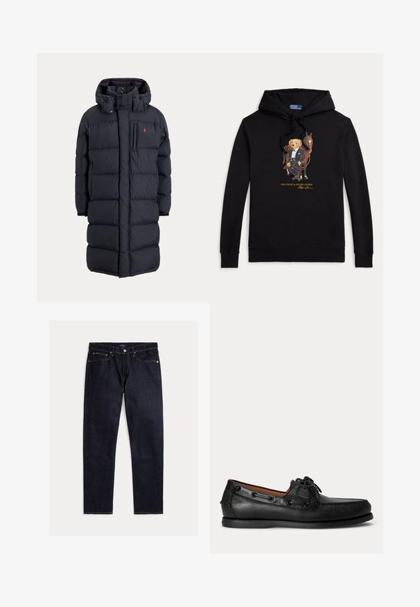 Abrigo de invierno largo negro acolchado con capucha, bolsillos frontales, bolsillo vertical con cremallera en el pecho y pequeño logo rojo en el pecho izquierdo.; Sudadera negra con capucha con Polo Bear en esmoquin sosteniendo las riendas de un caballo, texto "POLO BEAR by RALPH LAUREN" debajo del gráfico.; Vaqueros rectos de índigo oscuro con cinco bolsillos, cierre de botón y cremallera, y costuras naranjas en contraste sobre un fondo liso.; Mocasín negro de cuero con detalle de cordones y suela baja de goma, visto de lado sobre un fondo claro y liso.