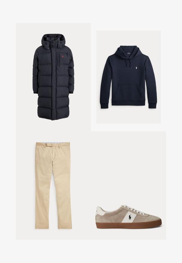 Abrigo de invierno largo negro acolchado con capucha, bolsillos frontales, bolsillo vertical con cremallera en el pecho y pequeño logo rojo en el pecho izquierdo.; Sudadera con capucha azul navy oscuro con bolsillo canguro delantero, capucha con cordón, mangas largas y pequeño logo blanco de Polo Ralph Lauren en el pecho.; Pantalones beige de corte recto con trabillas para cinturón y cremallera frontal, colocados planos sobre un fondo blanco.; Zapatilla beige de ante con corte bajo, cordones blancos, detalle de piel blanca con logo de caballo negro y suela de goma marrón.