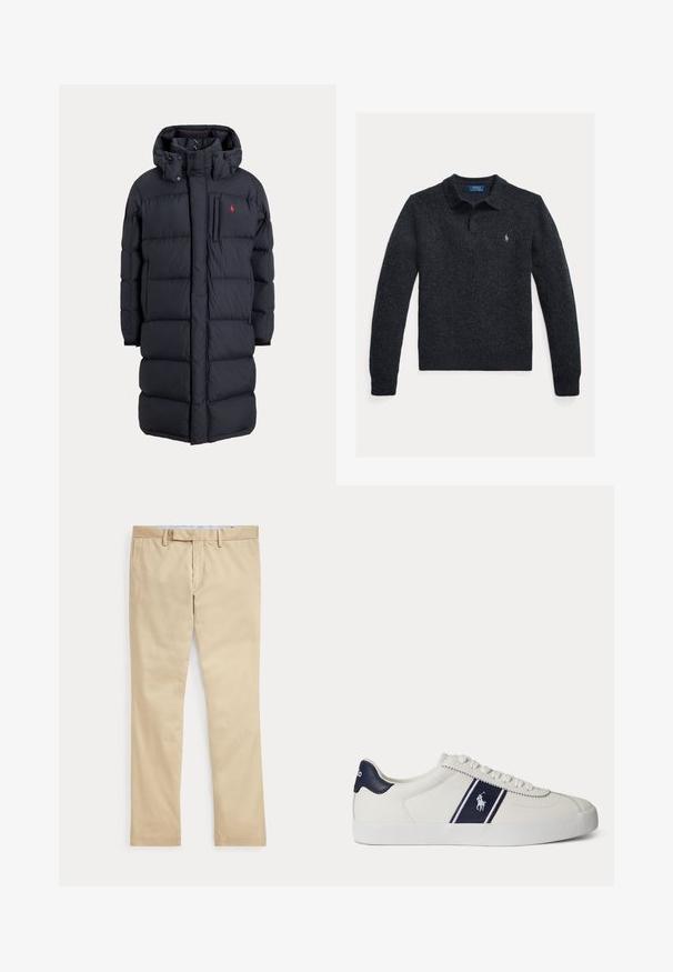 Long manteau d'hiver noir matelassé avec capuche, poches avant, poche poitrine à fermeture éclair verticale et petit logo rouge sur le côté gauche de la poitrine.; Pull tricoté gris foncé avec col polo, manches longues, patte de boutonnage à trois boutons et petit logo brodé sur la poitrine.; Pantalon beige à jambes droites avec passants de ceinture et braguette zippée à l'avant, posé à plat sur un fond blanc.; Baskets basses blanches avec bande et logo bleu marine sur le côté, languette de talon bleu marine, semelle blanche plate et lacets blancs.