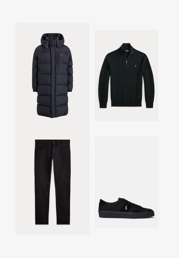 Lange zwarte gewatteerde winterjas met capuchon, voorzakken, verticale ritssluiting op de borstzak en een klein rood logo op de linkerborst.; Zwarte gebreide trui met lange mouwen, een kwart-ritssluiting en een klein geborduurd paardenlogo op de linkerborst.; Zwarte slim-fit jeans met voor- en achterzakken, riemlussen en een knoop- en ritssluiting plat gelegd op een witte achtergrond.; Zwarte sneakers met een bovenwerk van stof en suède, ronde neus, platte rubberen zool en geborduurd logo aan de zijkant. Vetersluiting met zes veterogen.