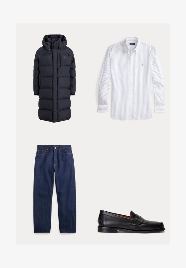 Abrigo de invierno largo negro acolchado con capucha, bolsillos frontales, bolsillo vertical con cremallera en el pecho y pequeño logo rojo en el pecho izquierdo.; Camisa de vestir con botones en blanco con rayas azules, con cuello clásico, mangas largas y un pequeño logo bordado en el pecho.; Vaqueros de mezclilla azul oscuro con perneras rectas, cinco bolsillos, cierre de botones y costuras visibles.; Mocasín negro de cuero con tacón bajo y detalle de correa para moneda, mostrado de lado sobre un fondo gris claro.