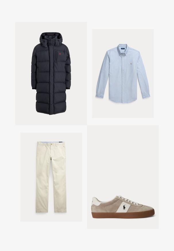 Abrigo de invierno largo negro acolchado con capucha, bolsillos frontales, bolsillo vertical con cremallera en el pecho y pequeño logo rojo en el pecho izquierdo.; Camisa de manga larga azul claro con rayas verticales blancas y un pequeño logo bordado de Polo Ralph Lauren en el pecho.; Pantalones de algodón beige de corte recto con trabillas para cinturón, botón frontal, cierre de cremallera y bolsillos laterales.; Zapatilla beige de ante con corte bajo, cordones blancos, detalle de piel blanca con logo de caballo negro y suela de goma marrón.