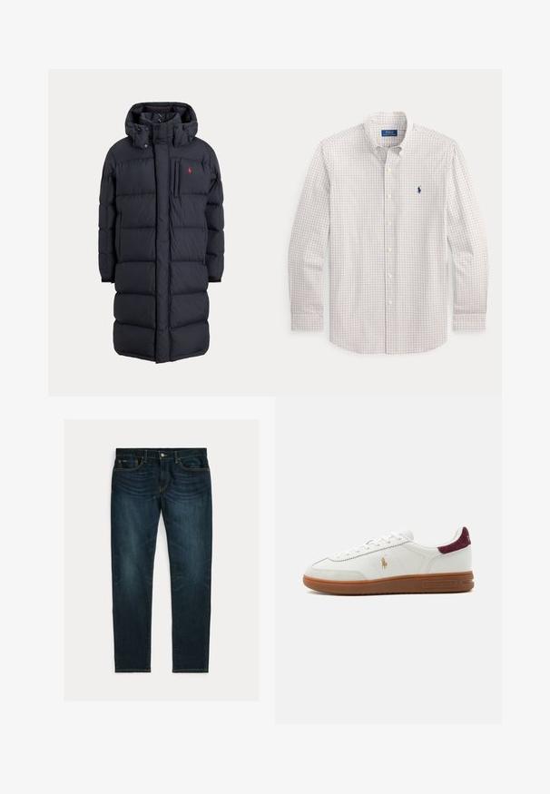 Lange zwarte gewatteerde winterjas met capuchon, voorzakken, verticale ritssluiting op de borstzak en een klein rood logo op de linkerborst.; Wit overhemd met lange mouwen en een klein blauw-geel ruitpatroon en een blauw Polo Ralph Lauren-logo op de borst.; Donkerblauwe slim-fit jeans met lichte vervaging en vijfzakkenontwerp, plat gelegd op een witte achtergrond.; Witte lage sneaker met bruine rubberen zool, gouden polo speler logo aan de zijkant, witte veters en bordeaux suède hieltab, merk Ralph Lauren.