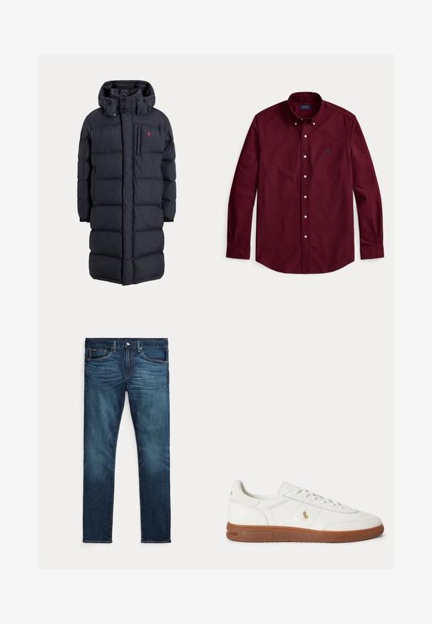 Lange zwarte gewatteerde winterjas met capuchon, voorzakken, verticale ritssluiting op de borstzak en een klein rood logo op de linkerborst.; Bordeauxkleurig overhemd met lange mouwen, kraag en klein geborduurd logo op de linkerborst.; Donkerblauwe slim-fit jeans met vooraan een knoop en ritssluiting, vijf zakken en subtiel vervagen op de voorkant van de dijen en knieën.; Witte lage sneaker met bruine zool, veters aan de voorkant en klein gouden Polo Ralph Lauren-logo aan de zijkant.