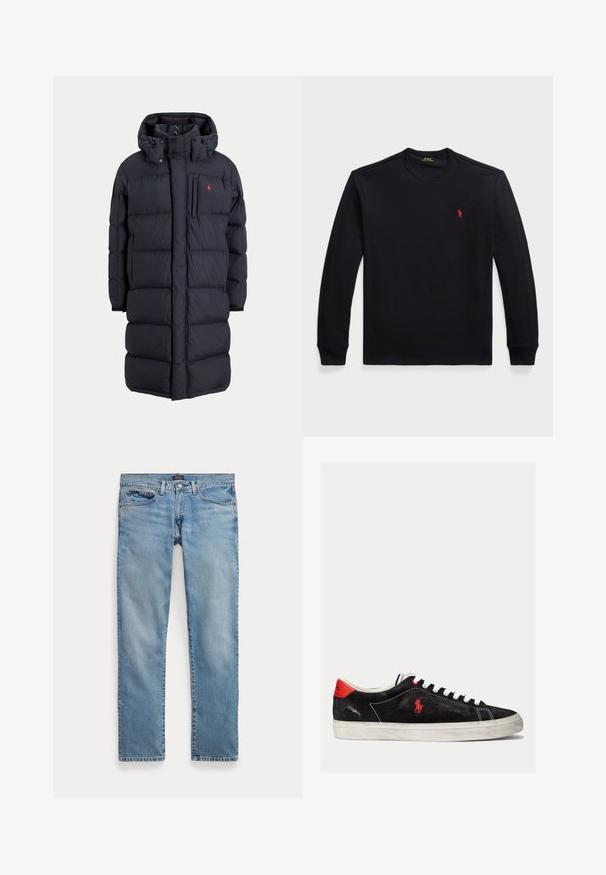 Abrigo de invierno largo negro acolchado con capucha, bolsillos frontales, bolsillo vertical con cremallera en el pecho y pequeño logo rojo en el pecho izquierdo.; Camisa de algodón negra de manga larga con cuello redondo, que presenta un pequeño logo rojo en el pecho. Textura suave y diseño ajustado.; Vaqueros de mezclilla azul claro de corte recto con bolsillos delanteros y cierre de botón, colocados planos sobre un fondo blanco.; Zapatillas de ante negro con cordones blancos, acentos rojos en el talón y un pequeño logo rojo. Presenta una suela de goma plana y un cosido sencillo.
