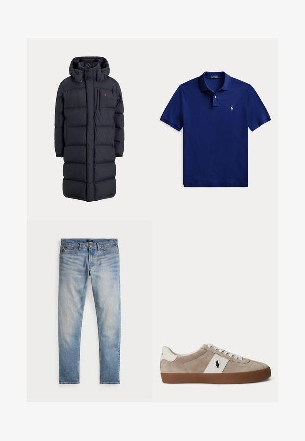 Lange zwarte gewatteerde winterjas met capuchon, voorzakken, verticale ritssluiting op de borstzak en een klein rood logo op de linkerborst.; Marineblauw poloshirt met korte mouwen, kraag, een twee-knops knoopsluiting en een klein geel geborduurd logo op de linkerborst.; Lichtblauwe denim jeans met een vervaagde afwerking, vijfzakkenontwerp en contrasterende stiksels. Heeft een ritssluiting en riemlussen. Rechte snit.; Beige suède lage sneaker met witte veters, wit lederen accent met zwart paardenlogo en een bruine rubberen zool.