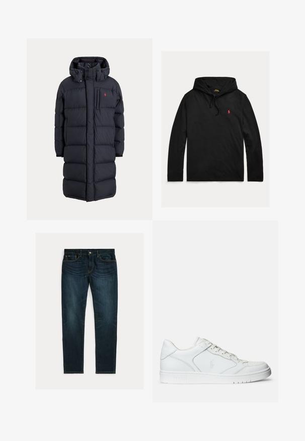 Langer schwarzer, wattierter Wintermantel mit Kapuze, Fronttaschen, vertikalem Reißverschluss an der Brusttasche und kleinem rotem Logo auf der linken Brust.; Schwarzer Polo Ralph Lauren Hoodie mit langen Ärmeln, Kordelzug und kleinem roten gesticktem Pferdelogo auf der linken Brust.; Dunkelblaue Slim-Fit-Jeans mit leichtem Verblassen und Fünf-Taschen-Design, flach auf weißem Hintergrund liegend.; Weißer Ledersneaker mit glatter Textur, ausgestattet mit einer perforierten Zehenpartie, Schnürverschluss und gesticktem Logo an der Seite. Weiße Gummisohle.