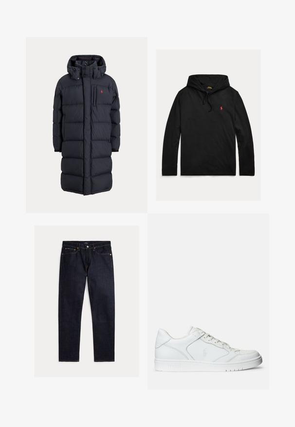 Abrigo de invierno largo negro acolchado con capucha, bolsillos frontales, bolsillo vertical con cremallera en el pecho y pequeño logo rojo en el pecho izquierdo.; Sudadera con capucha Polo Ralph Lauren de manga larga negra con cordones y pequeño logo bordado en rojo de un caballo en el pecho izquierdo.; Vaqueros rectos de índigo oscuro con cinco bolsillos, cierre de botón y cremallera, y costuras naranjas en contraste sobre un fondo liso.; Zapatilla de cuero blanca con textura suave, que presenta una puntera perforada, cierre de cordones y logo bordado en el lateral. Suela de goma blanca.