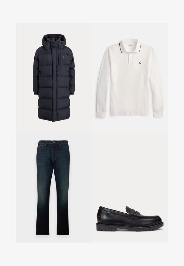 Lange zwarte gewatteerde winterjas met capuchon, voorzakken, verticale ritssluiting op de borstzak en een klein rood logo op de linkerborst.; Witte poloshirt met lange mouwen, zwarte bies op de kraag en een klein zwart geborduurd logo op de linkerborst.; Donkerblauwe rechte denim jeans met vijf zakken en oranje stiksels, plat weergegeven op een witte achtergrond.; Zwarte leren loafer met dikke geprofileerde zool en klein groen "Polo" label aan de buitenkant bij de hiel.